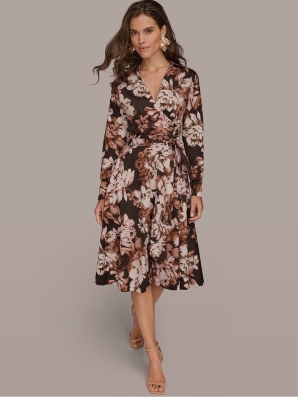 Donna Karan Brown Floral Wrap Dress with Pink Accents